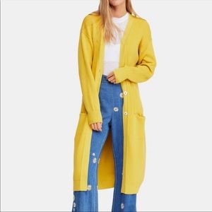 Free People Run to You Duster Cardigan Yellow Ribbed Long Knit Sweater Size S